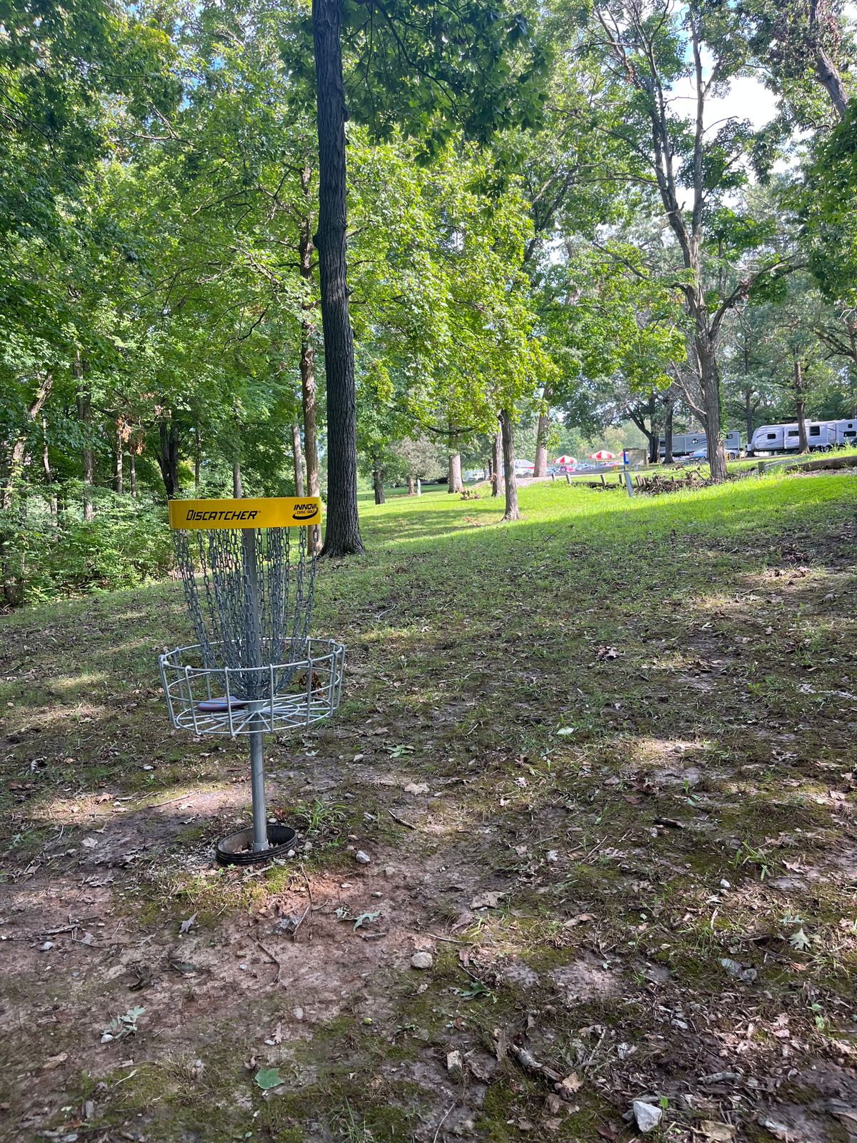 Hole 1 basket back towards tee.
