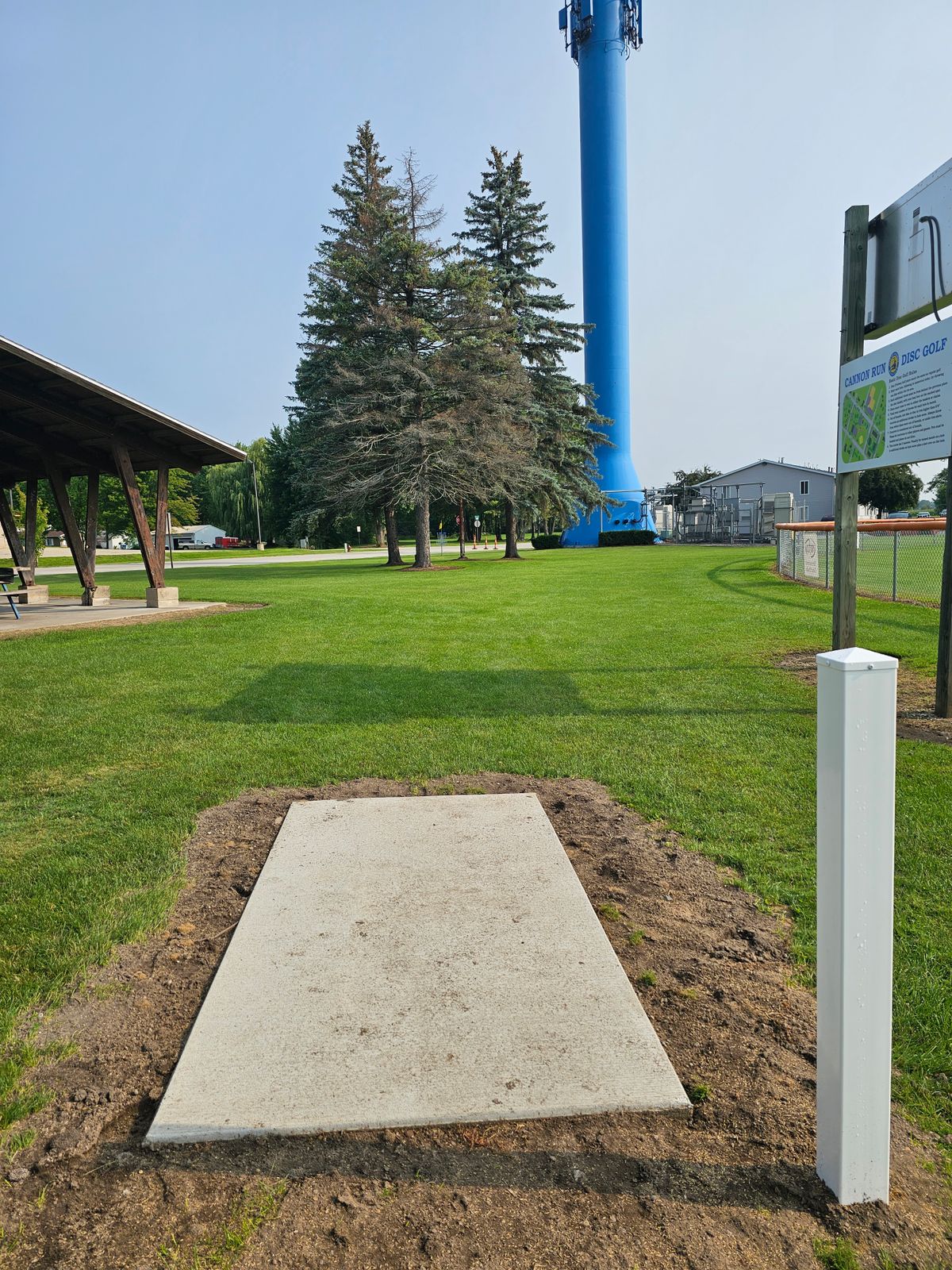 Hole 1 basket to tee, i'd recommend a personal mando away from the electrical stuff by the water tower. Hole starts by main parking lot.