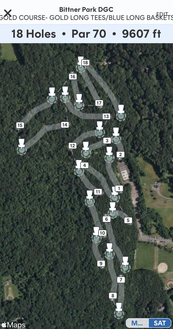 Gold course 18 holes.  Par 70. 9607 ft