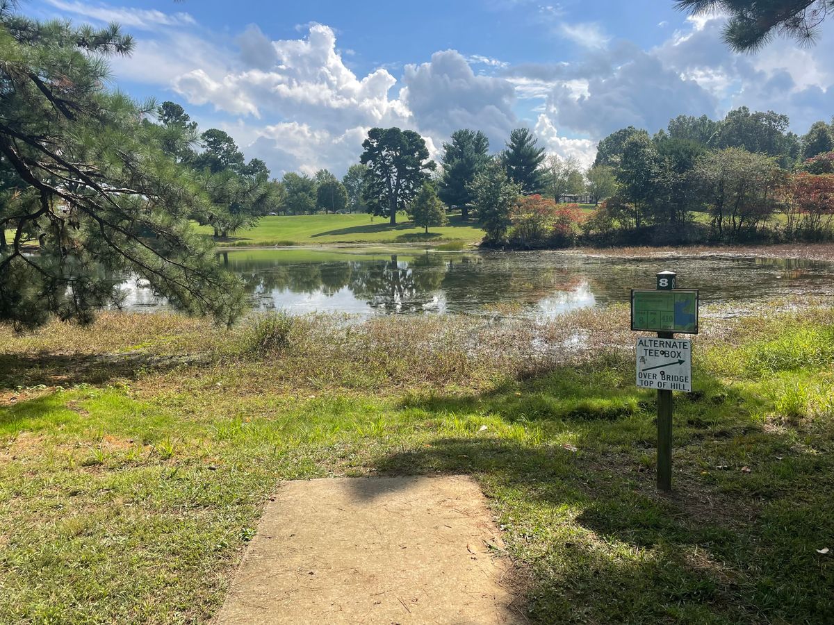 Hole 8 from tee. About a 300’ - 310’ water carry.