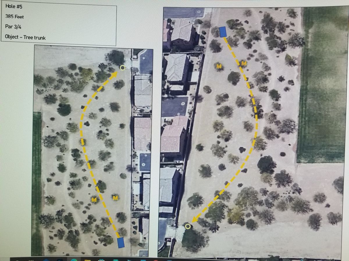 Hole 5 plays from drainage rock pile to another drainage rock pile. Double mando protects houses and hole 4 obj.