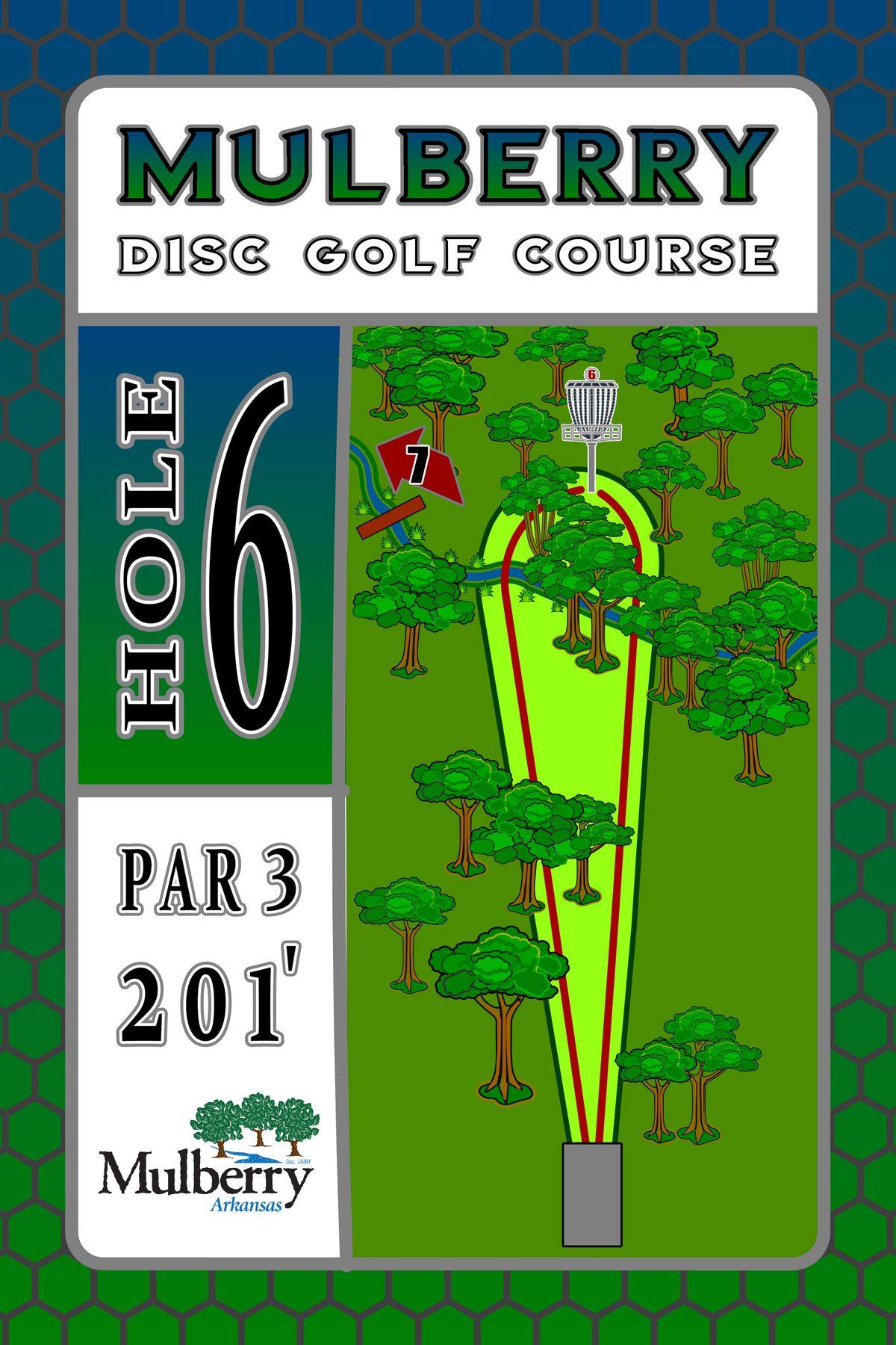 Tee sign hole 6 Mulberry Arkansas Disc Golf Course