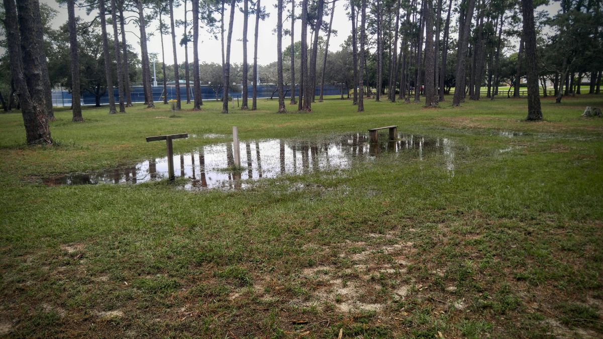 Hole 13 tee pad underwater for most of summer rain season.