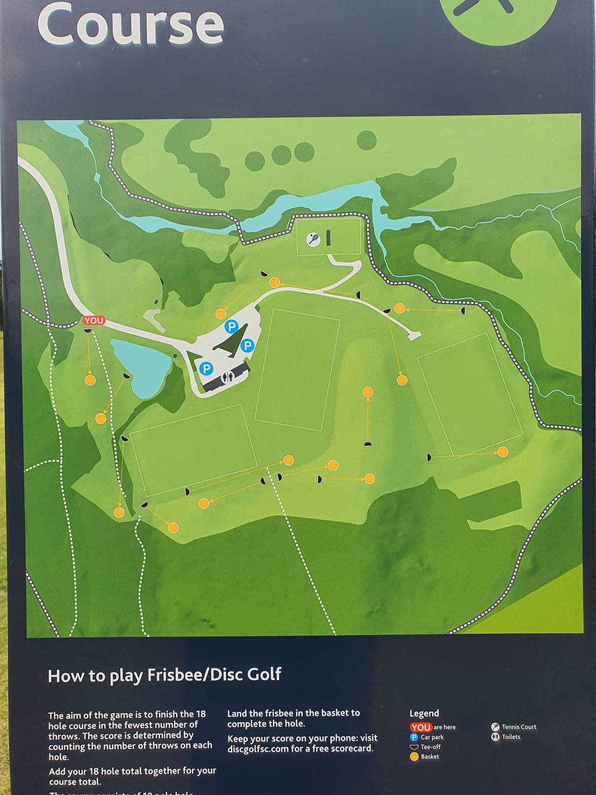 Course map, baskets are as advised on this map except for one by corner of soccer field by carpark which has been relocated to top of hill