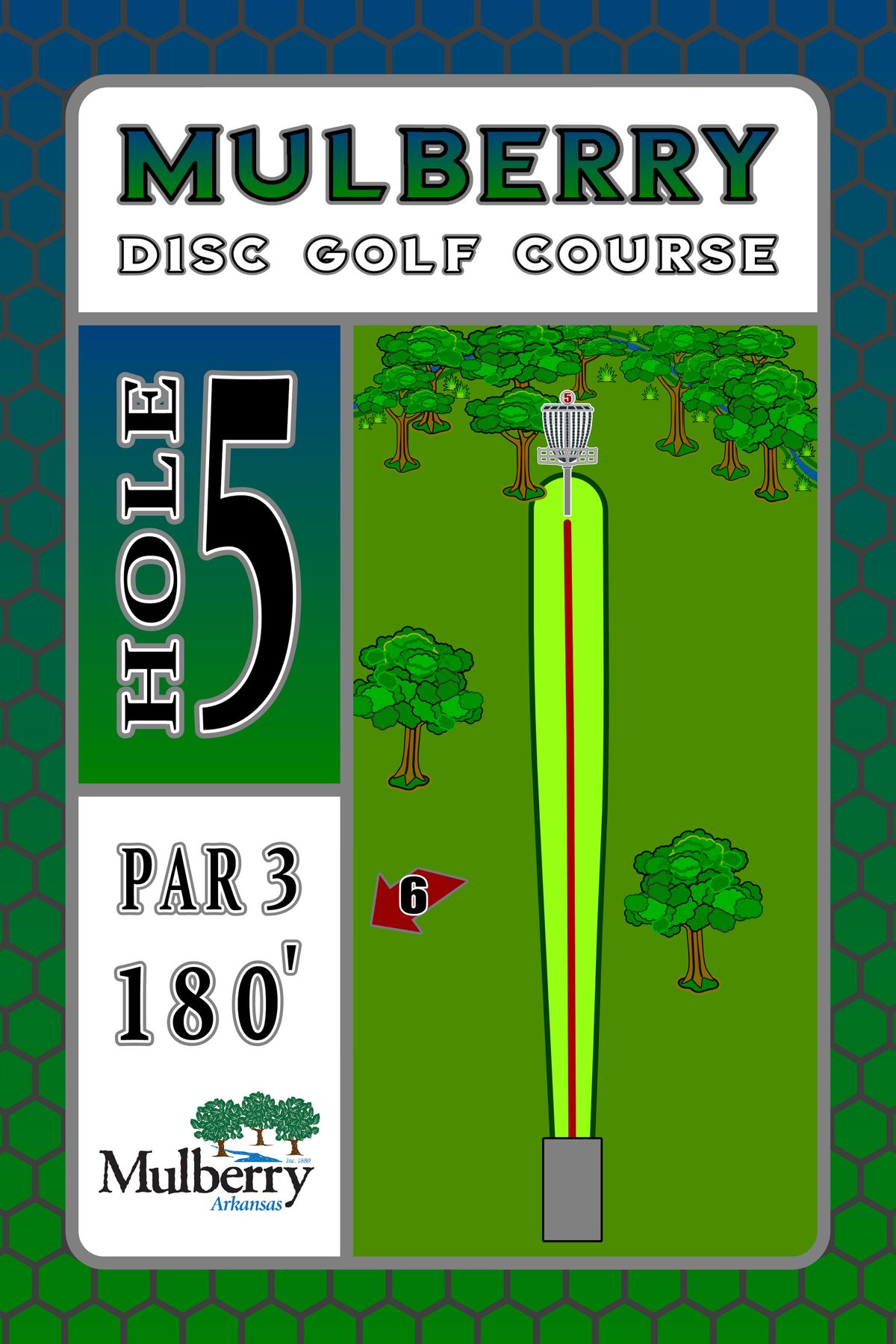 Tee sign hole 5 Mulberry Arkansas Disc Golf Course