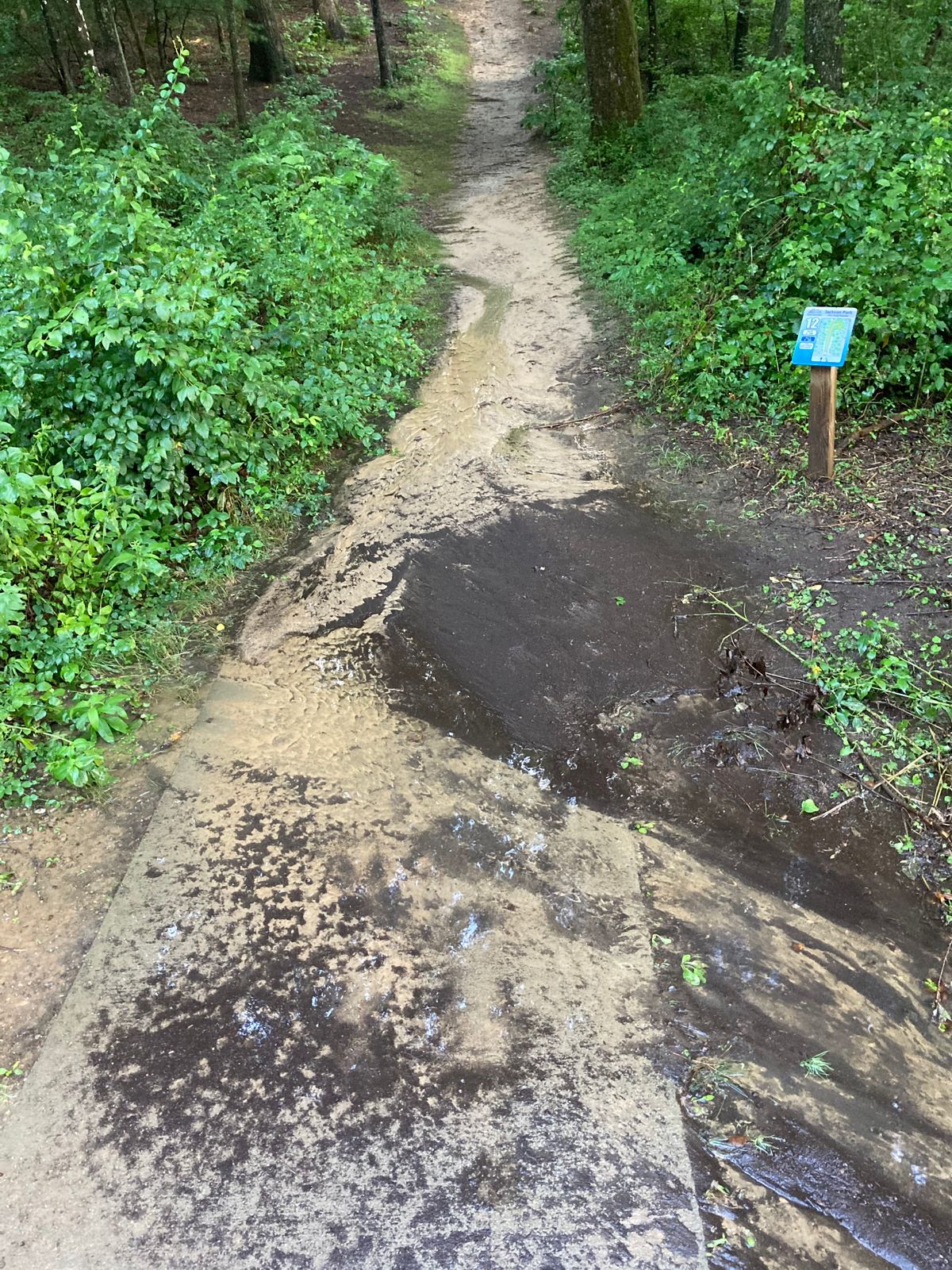 A few tee pads are covered in mud from washout