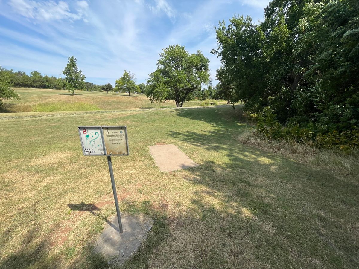 Hole 8 - 225ft Par 3. Has a mando. Stay to left of tree in middle of fairway. Drop zone by the tree