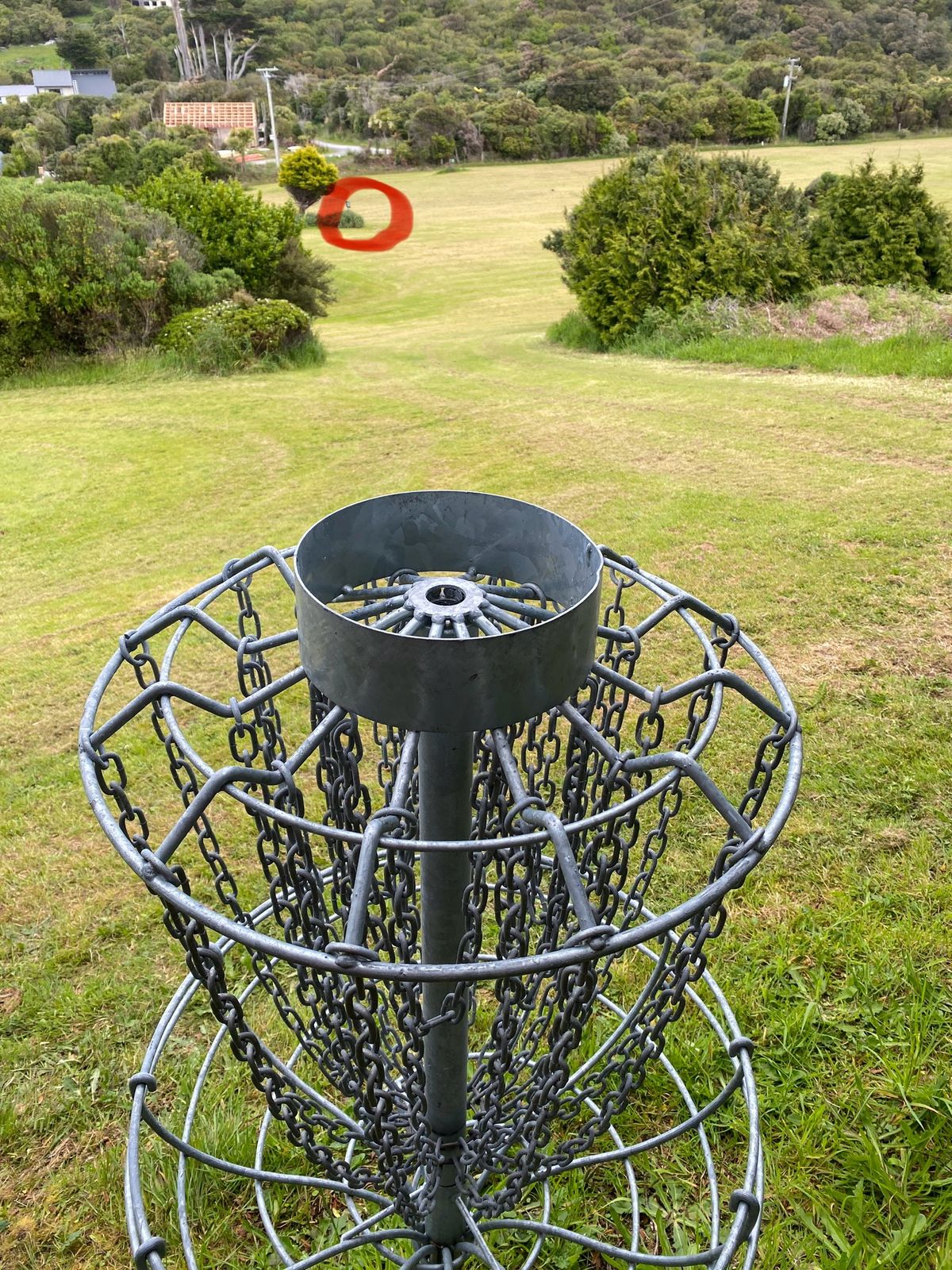 Basket of hole 3. Tee pad circled in red.