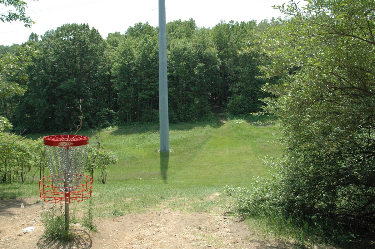 Basket looking back at tee pad tucked in the narrow opening of the woods