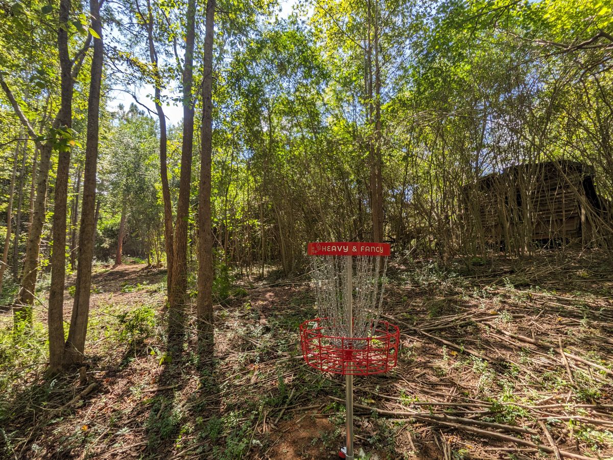 Hole 10's basket near the old homestead looking back up the fairway.