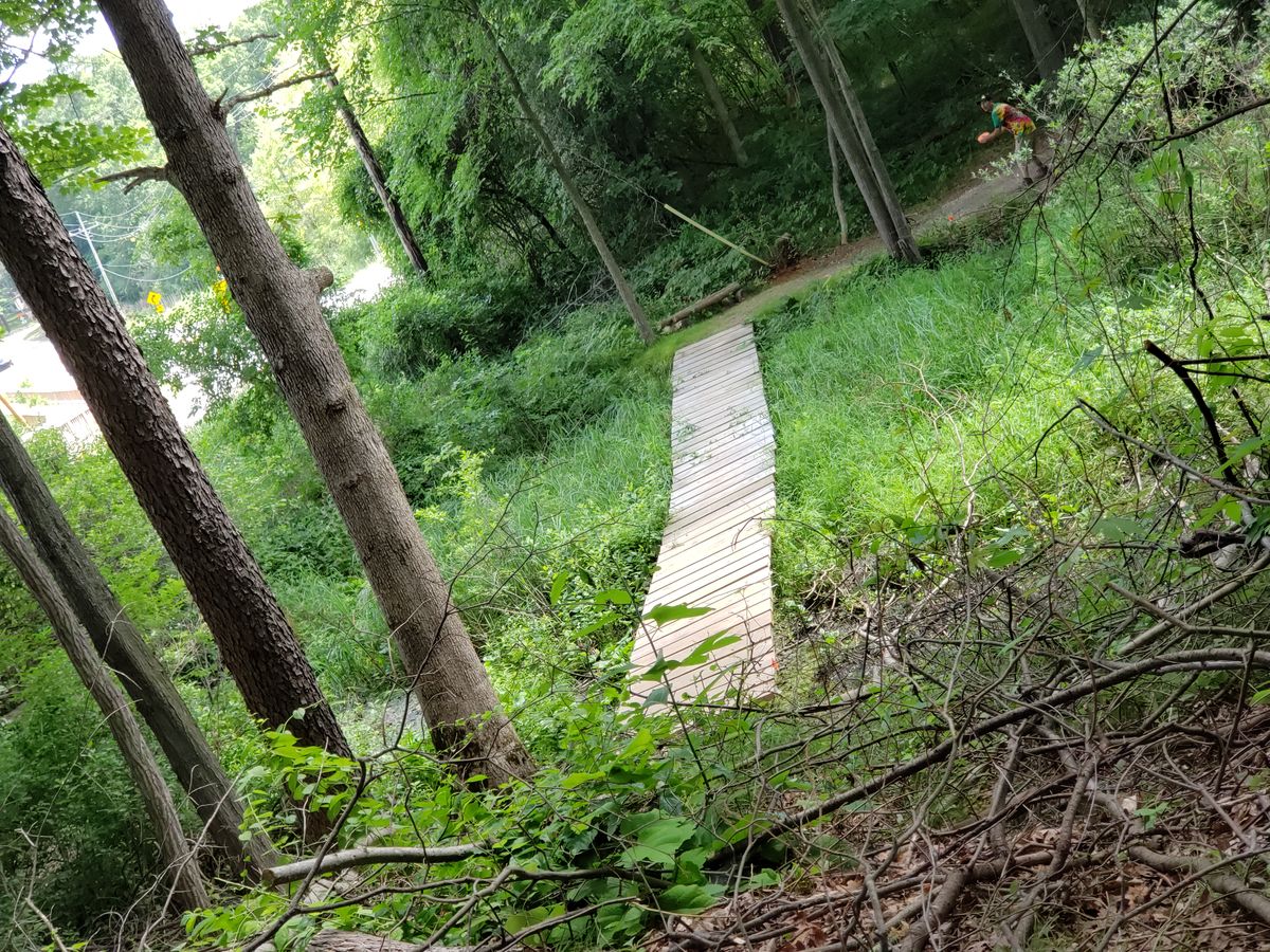 A bouncy bridge. Looking at long across the bridge, short is this side on the bridge. Very fun uphill shot to the basket.