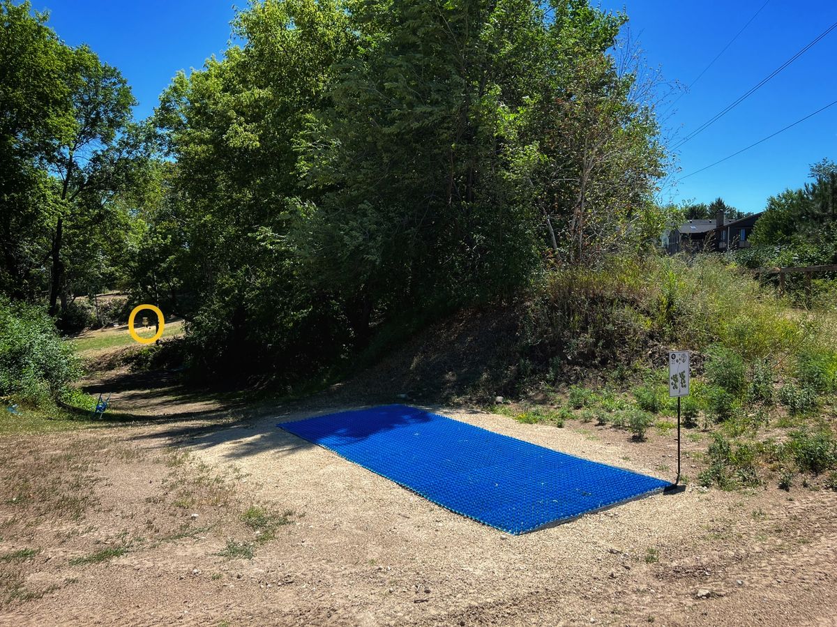 Hole 8 - From the tee, the pin is just barely visible to the right of the trees.