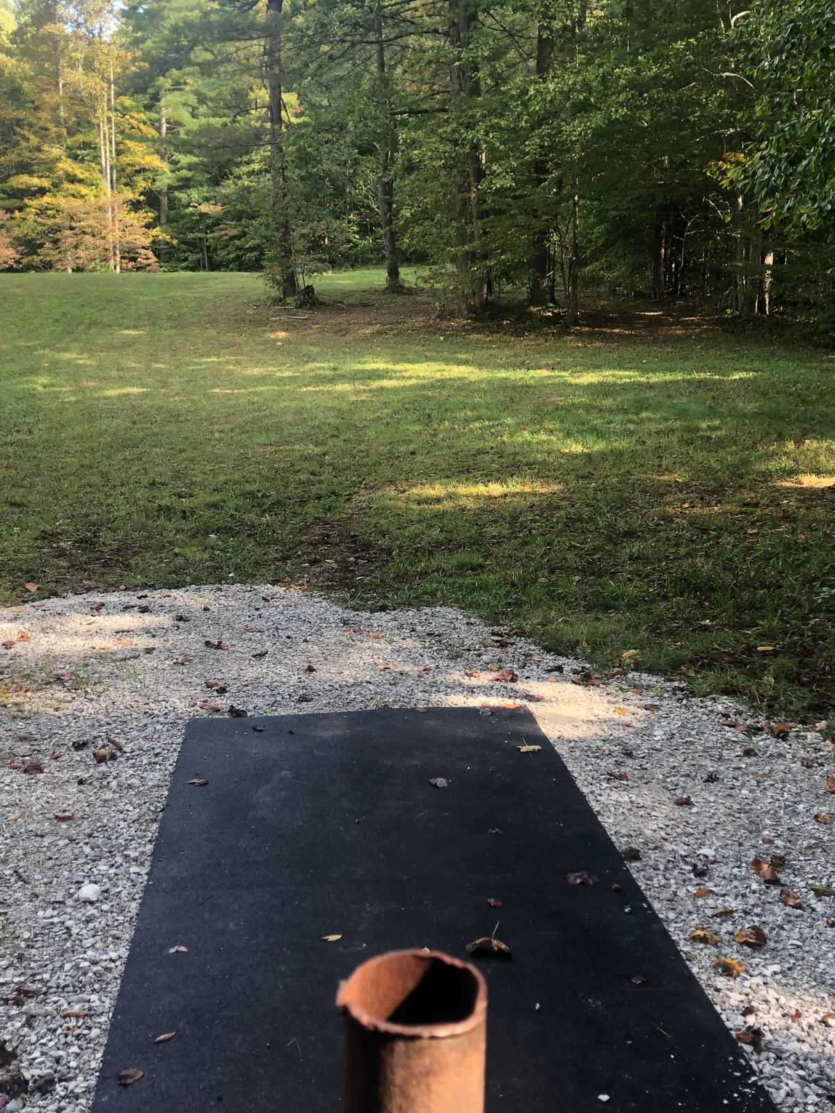 Hole 5 Tee pad. Plays to basket behind cluster of trees