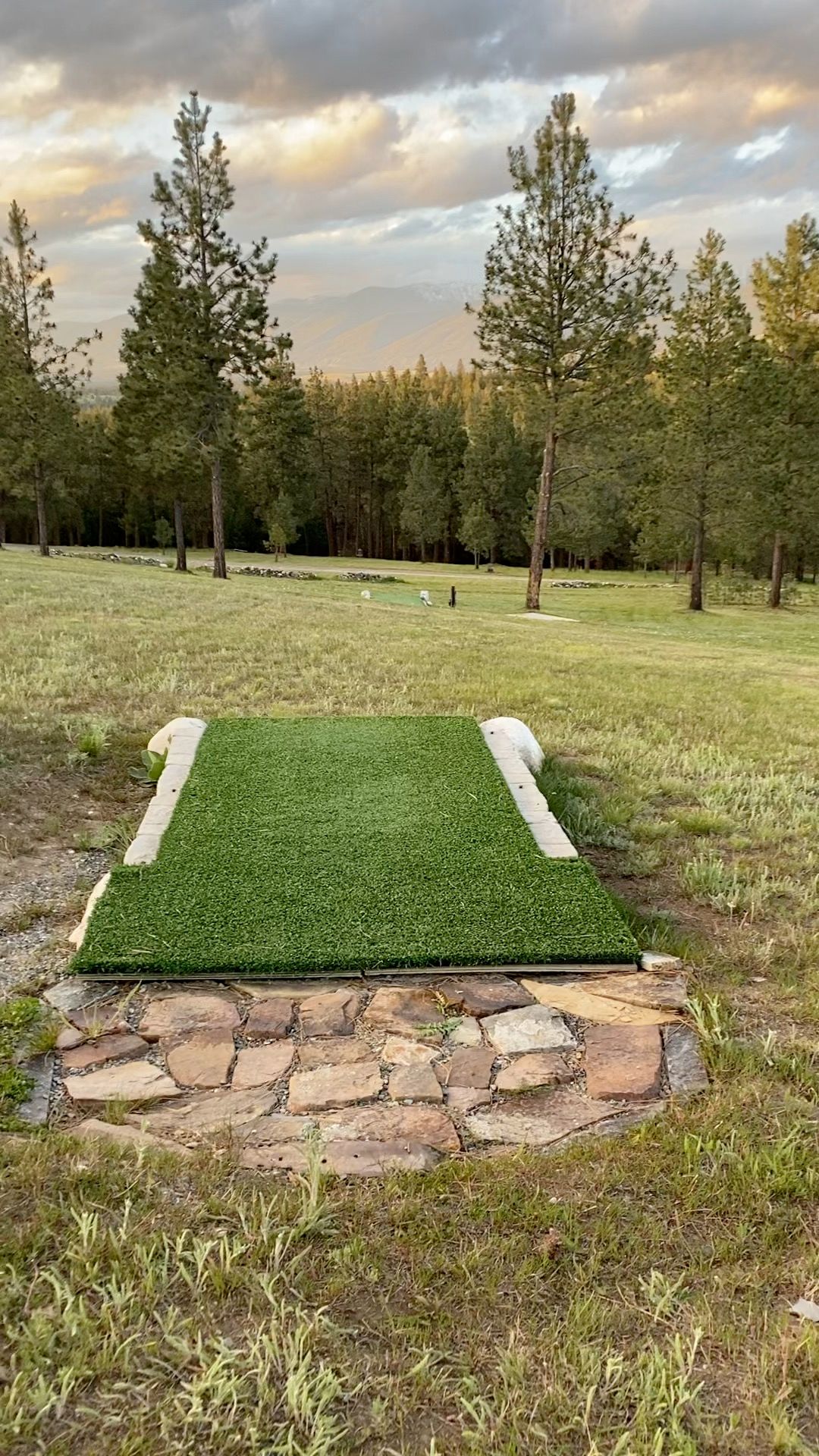 Hole 9 gold (short) tee pad Canadian Rockies in distance.