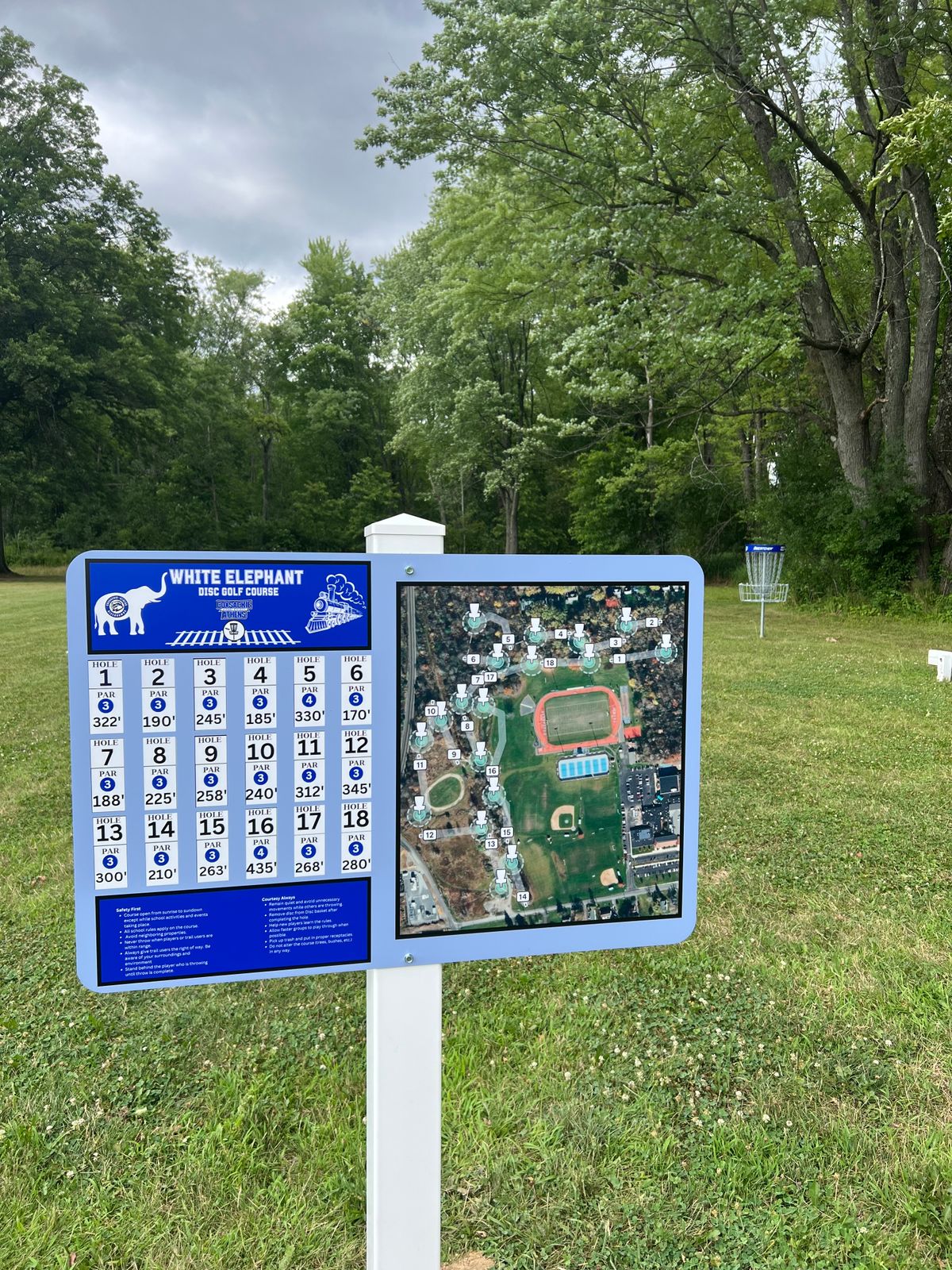 Hole 1 begins behind track and stadium.
