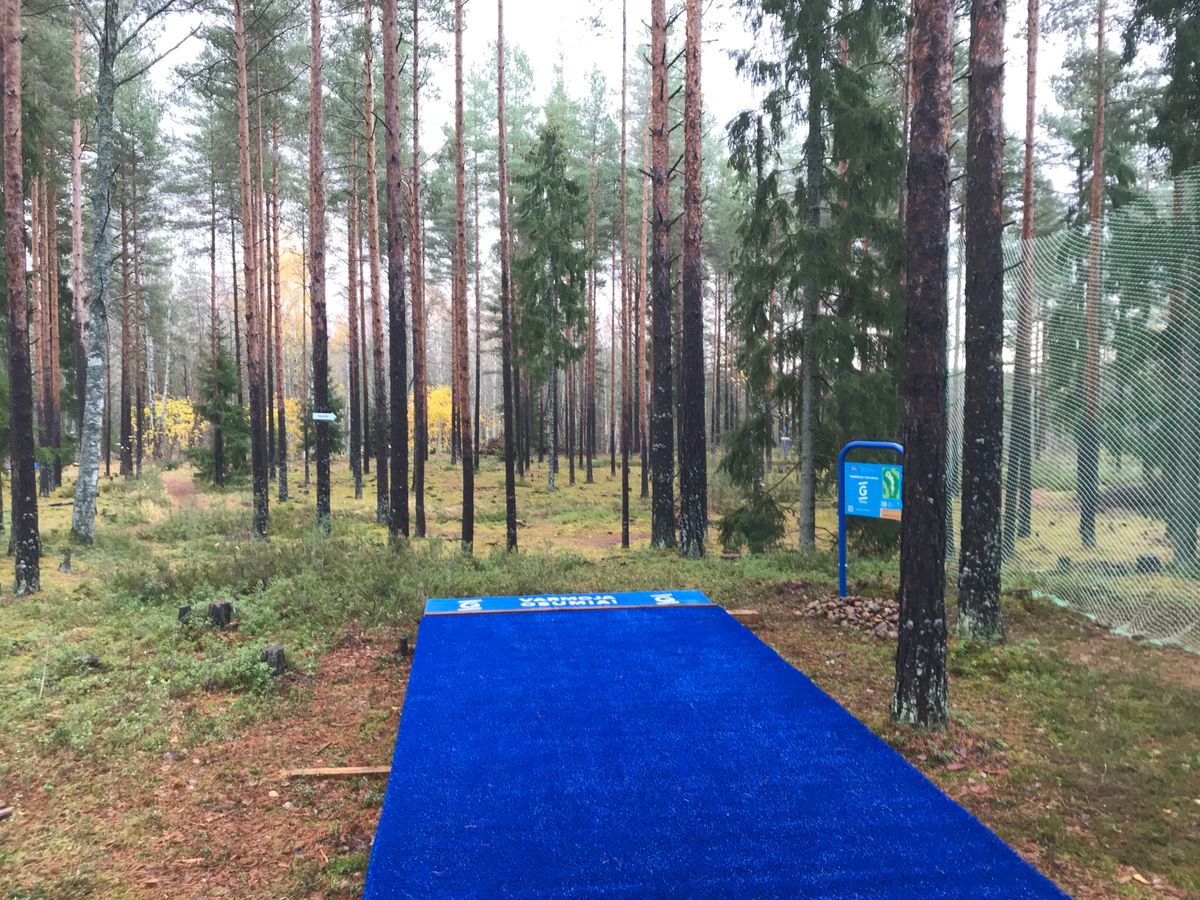 10-väylä: 63m, Par3 (alamäkeen heitettävä, lievästi vasemmalle kaartuva. Älä heitä pitkäksi!)