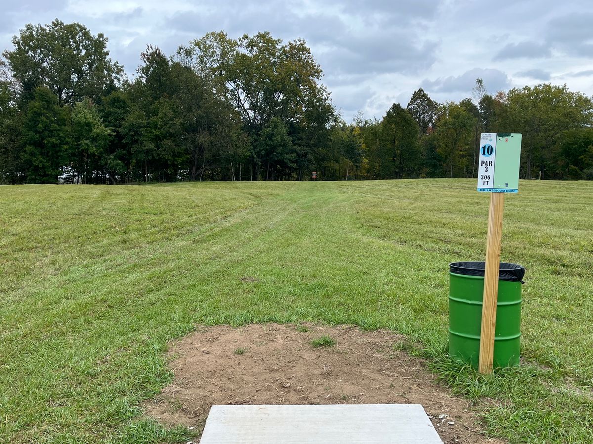 Hole 10 tee. Slight down hill ace run. Watch out for drop off deep of basket.