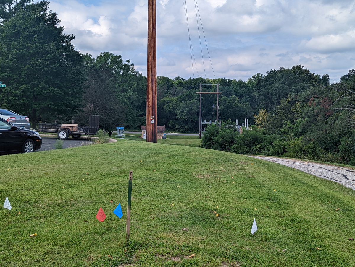 View from tee one. The pin is down to the right of the far set of power poles.