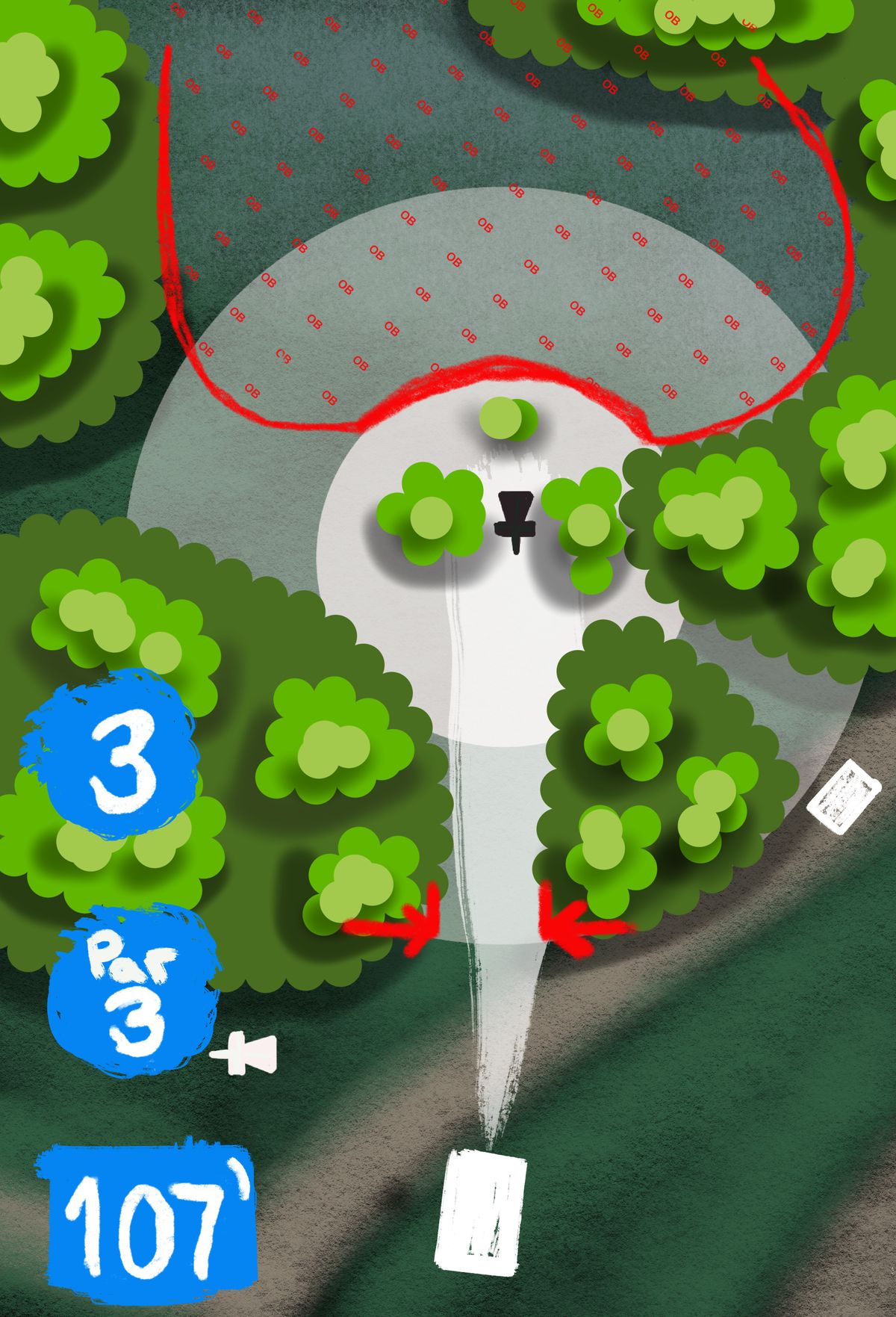 Mando Through first tree gap. OB long in swamp behind basket. Any missed mando or landing OB head to drop zone from top of gap indicated but the metal drainage cylinder with one added stroke.