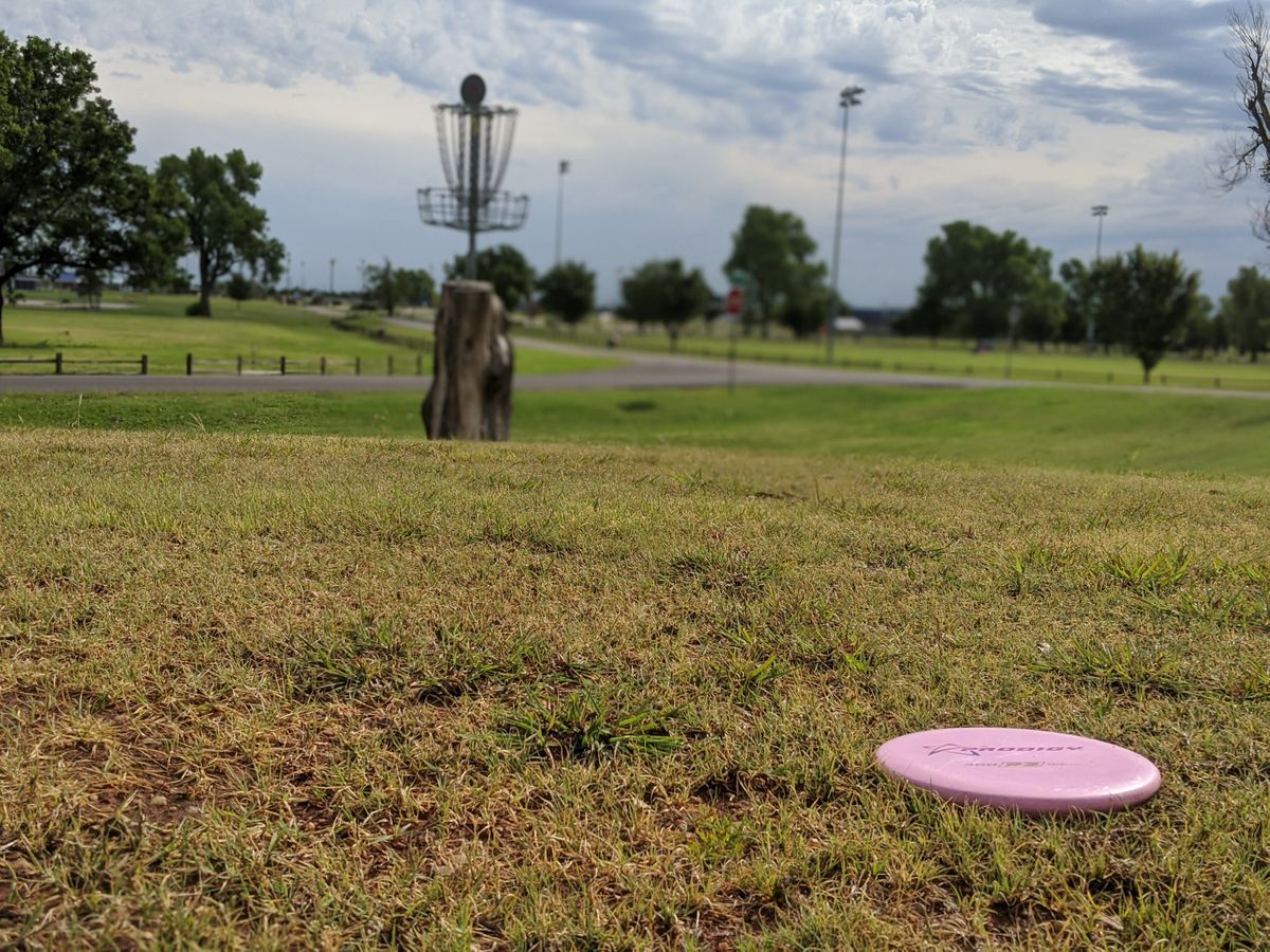 Hole 5 basket, elevated on old tree stump with big dropoff behind it.