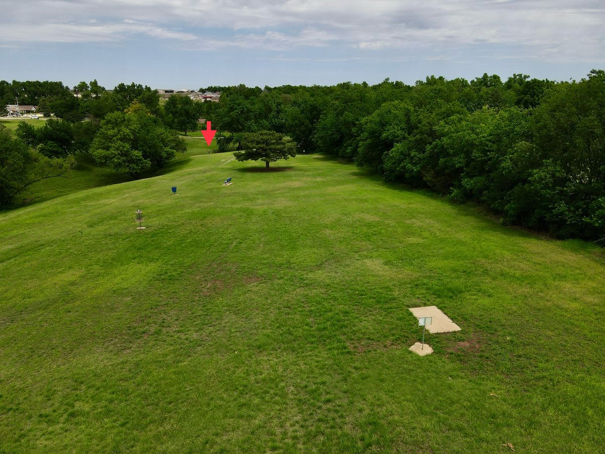 Aerial of hole seven. Careful of overshooting the basket, discs love to roll down the other side!