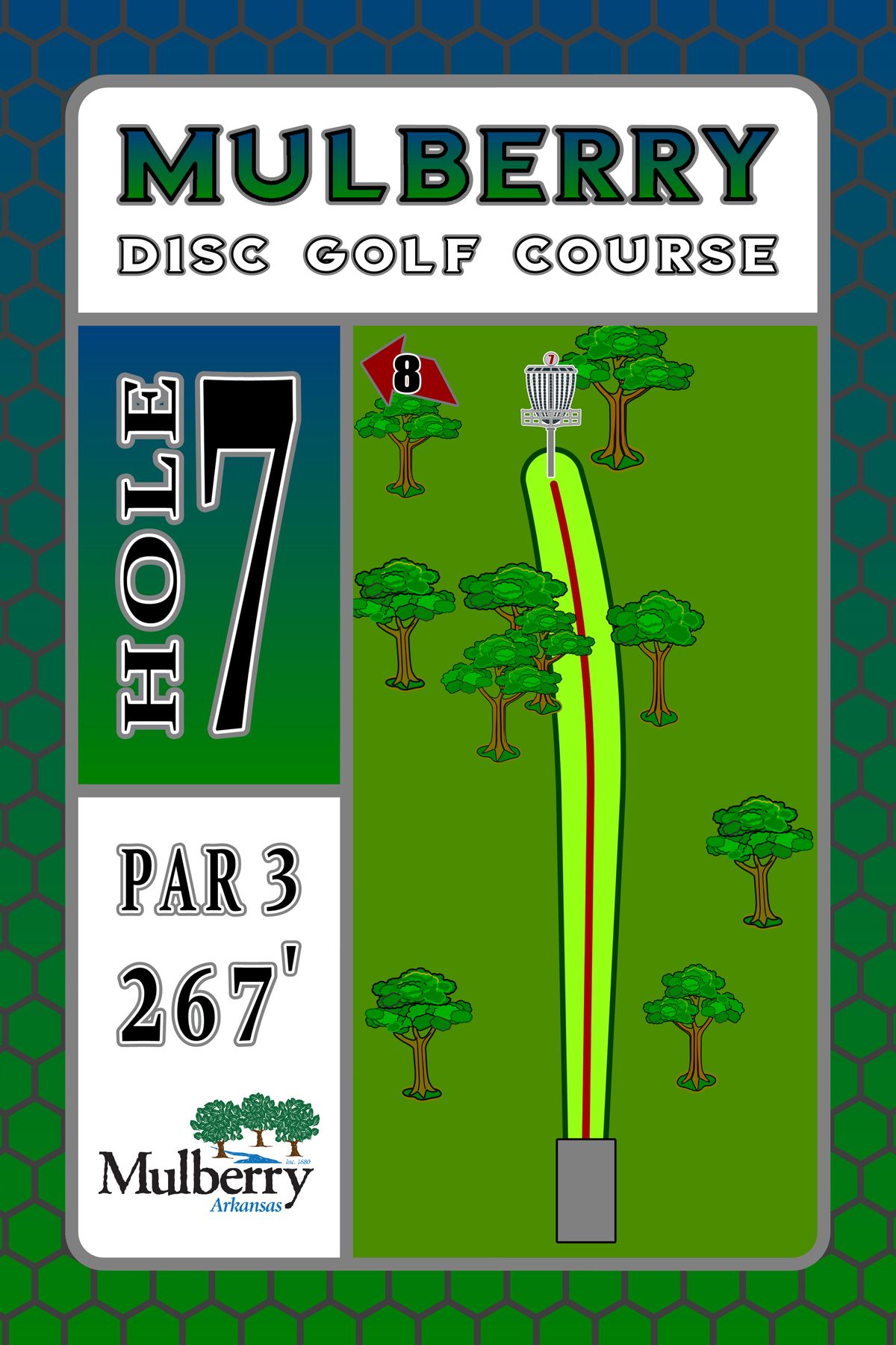 Tee sign hole 7 Mulberry Arkansas Disc Golf Course