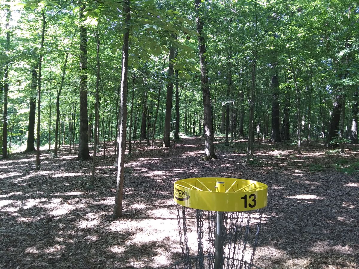 #13 Red tee is a tunnel shot to the right & yellow pad is on the left, a shot around the trees.
