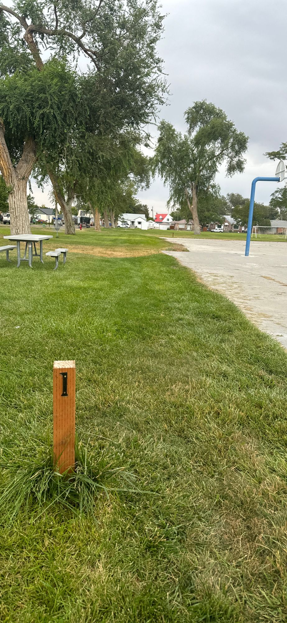 Hole 1 starts left side of basketball courts