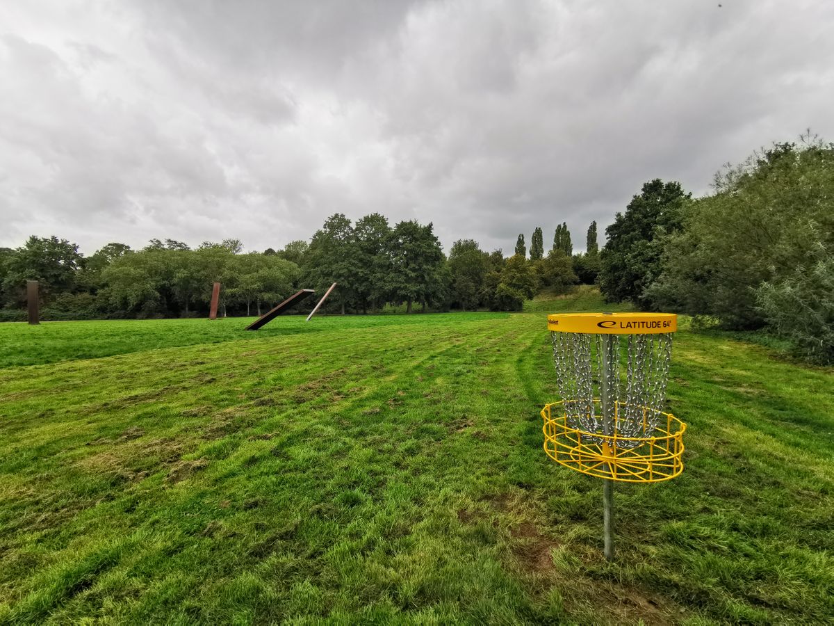 Hole 4 - looking back towards the tee (on the right up the hill). Fresh layout and new baskets!