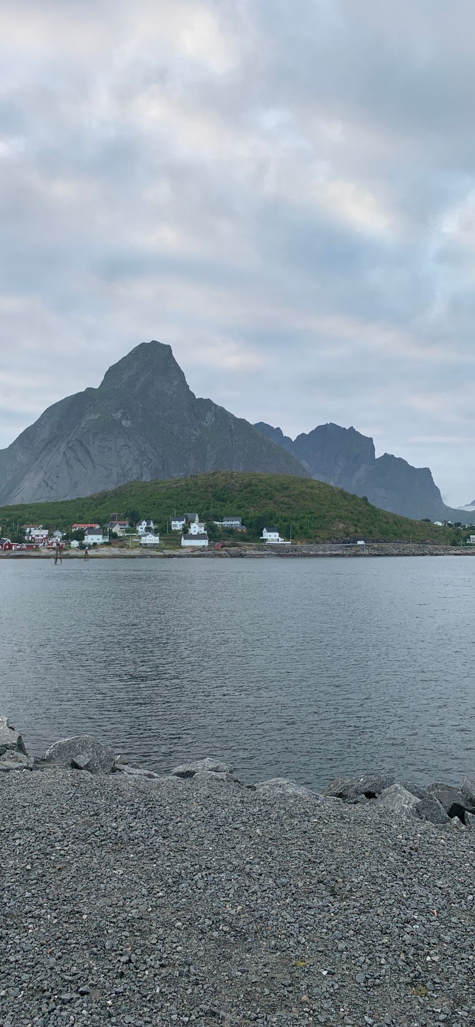 View of the course from Reine, can see one of the baskets at the top of the close island on Andøya