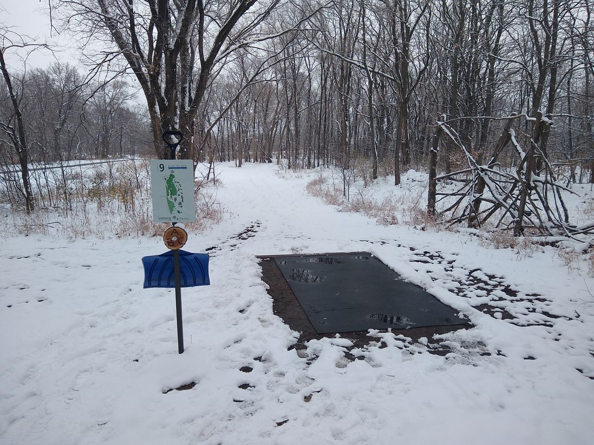 Snow Shovels were put out at blue tee pads on 11/15/22. This one is on the 9th tee.