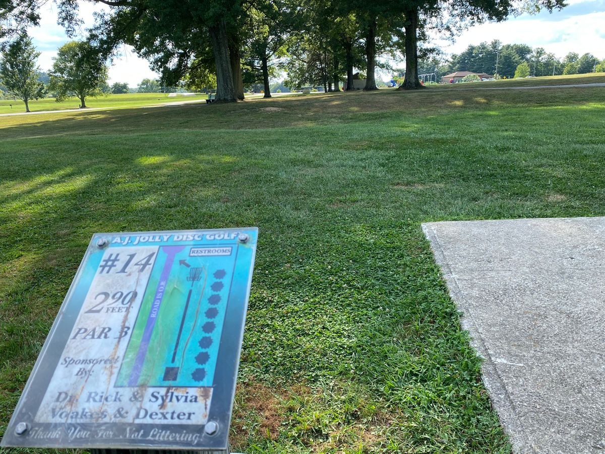 Hole 14, taken 9/4/2023.  Beautiful hole!  Sign depicts removed trees/lacks left side trees.