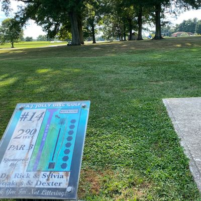 Hole 14, taken 9/4/2023.  Beautiful hole!  Sign depicts removed trees/lacks left side trees.