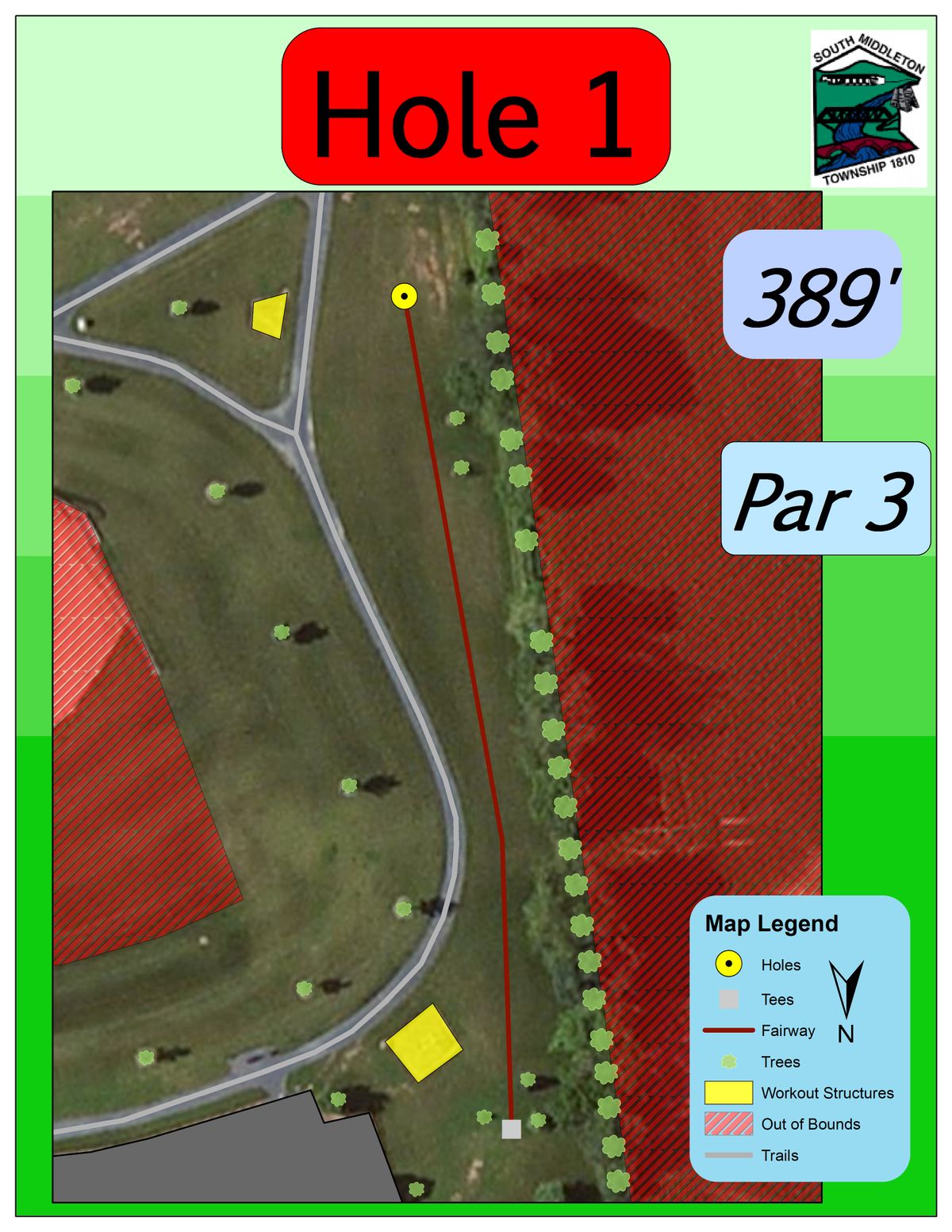 Hole 1 map.  Tee at far west end of parking lot by Rt 174, near monkey bars.