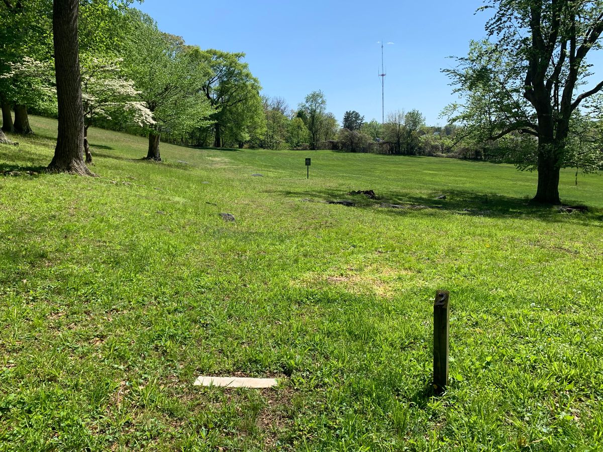 Hole 2 tee. Par 3. The field slightly defends to the right. Basket straight ahead before hump.