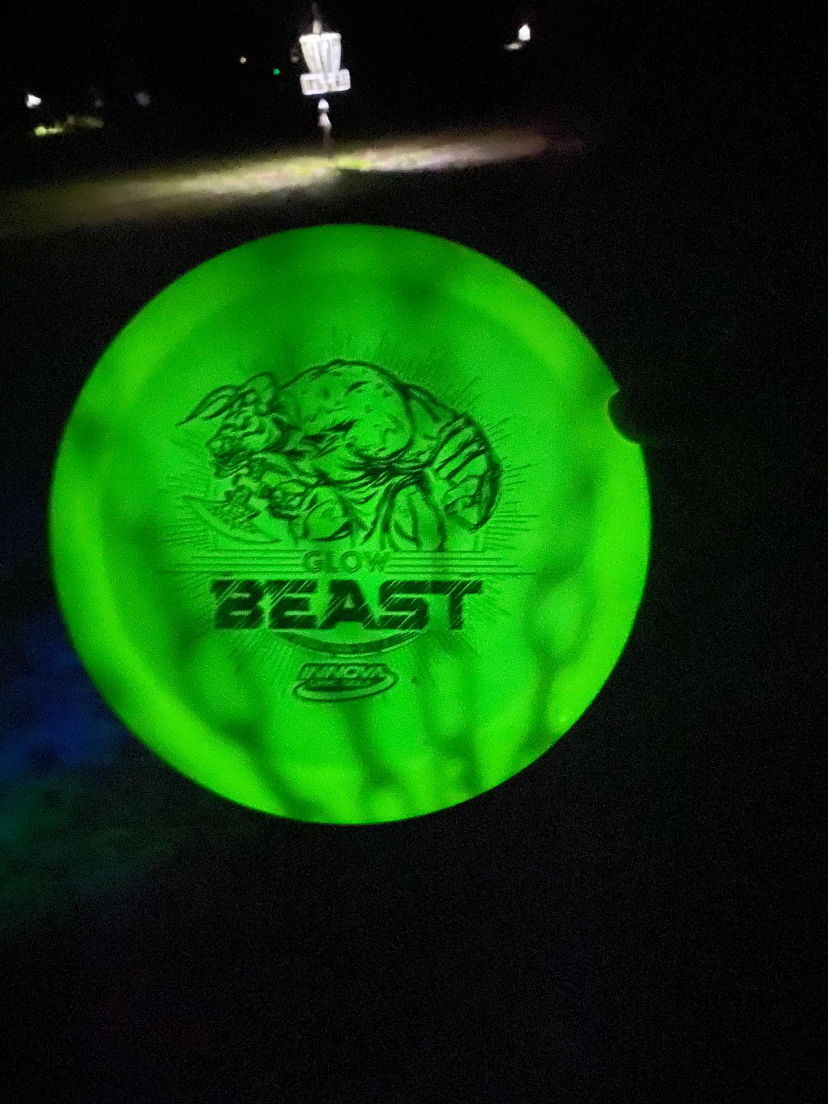 Super awesome night Course to play. Thank you!!! 
A shot of our disc as it charged in a basket.