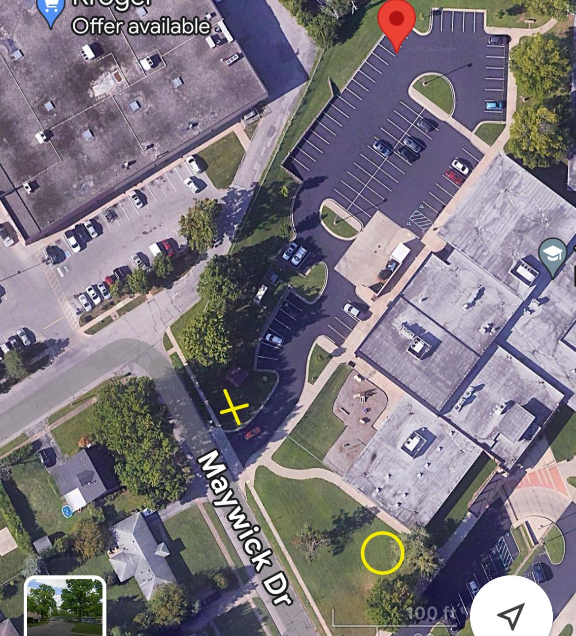 Park near red pen the first tee is by the small building(x) near Maywick dr the circle is basket