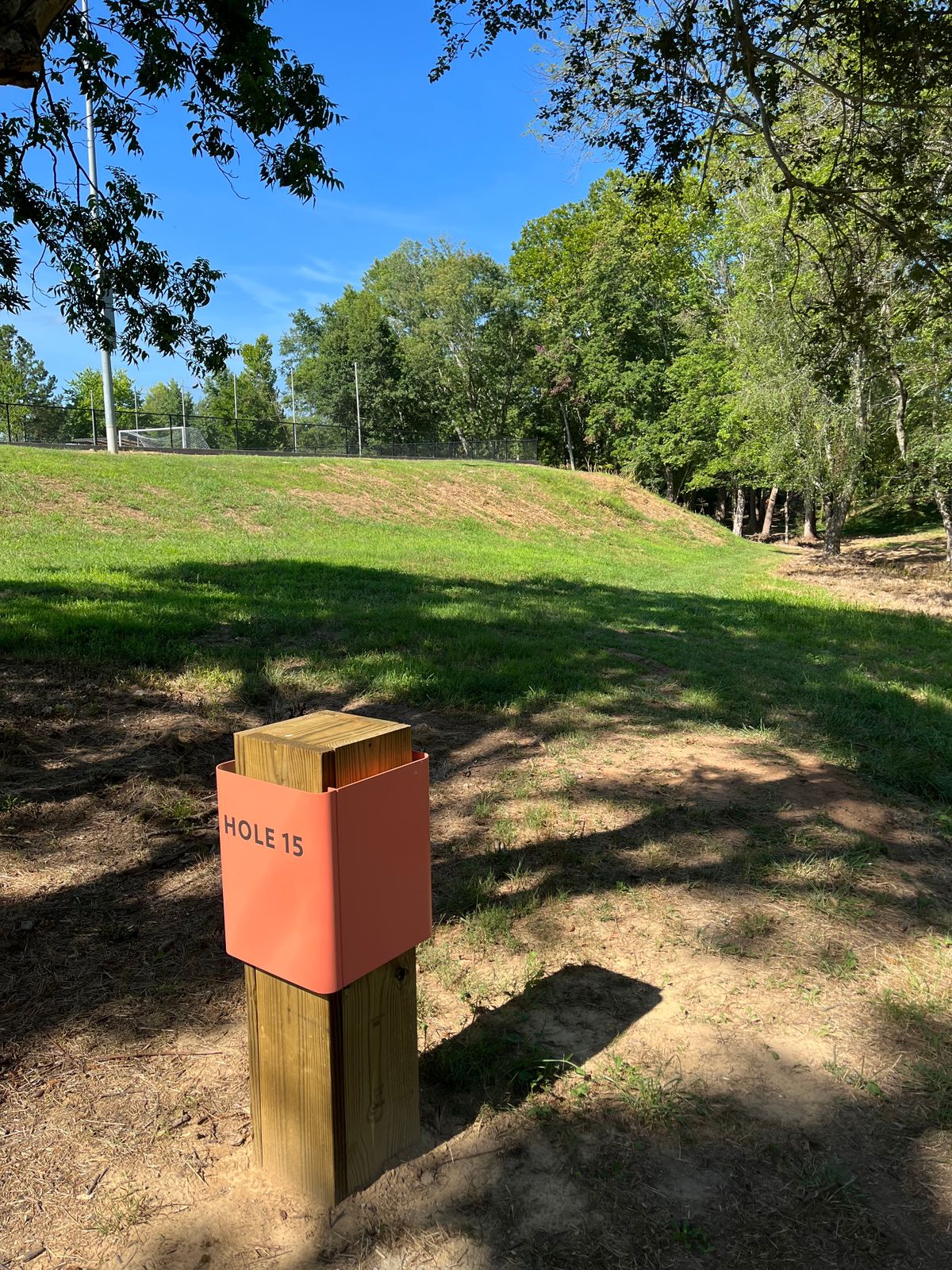 Hole 15: right mando at the fence maybe? I threw over the field. Bad idea if busy.