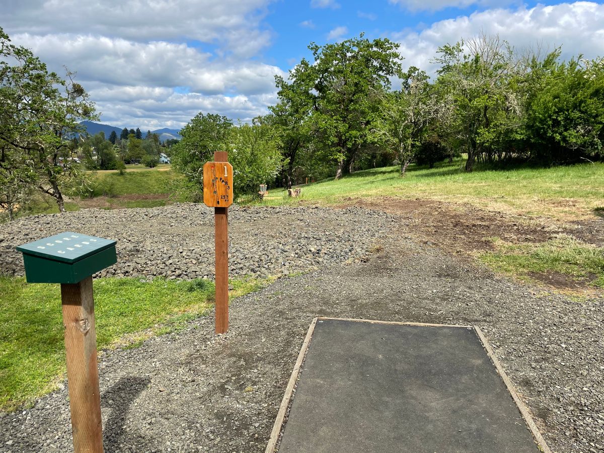 Hole 1 tee pad looking out towards the basket.