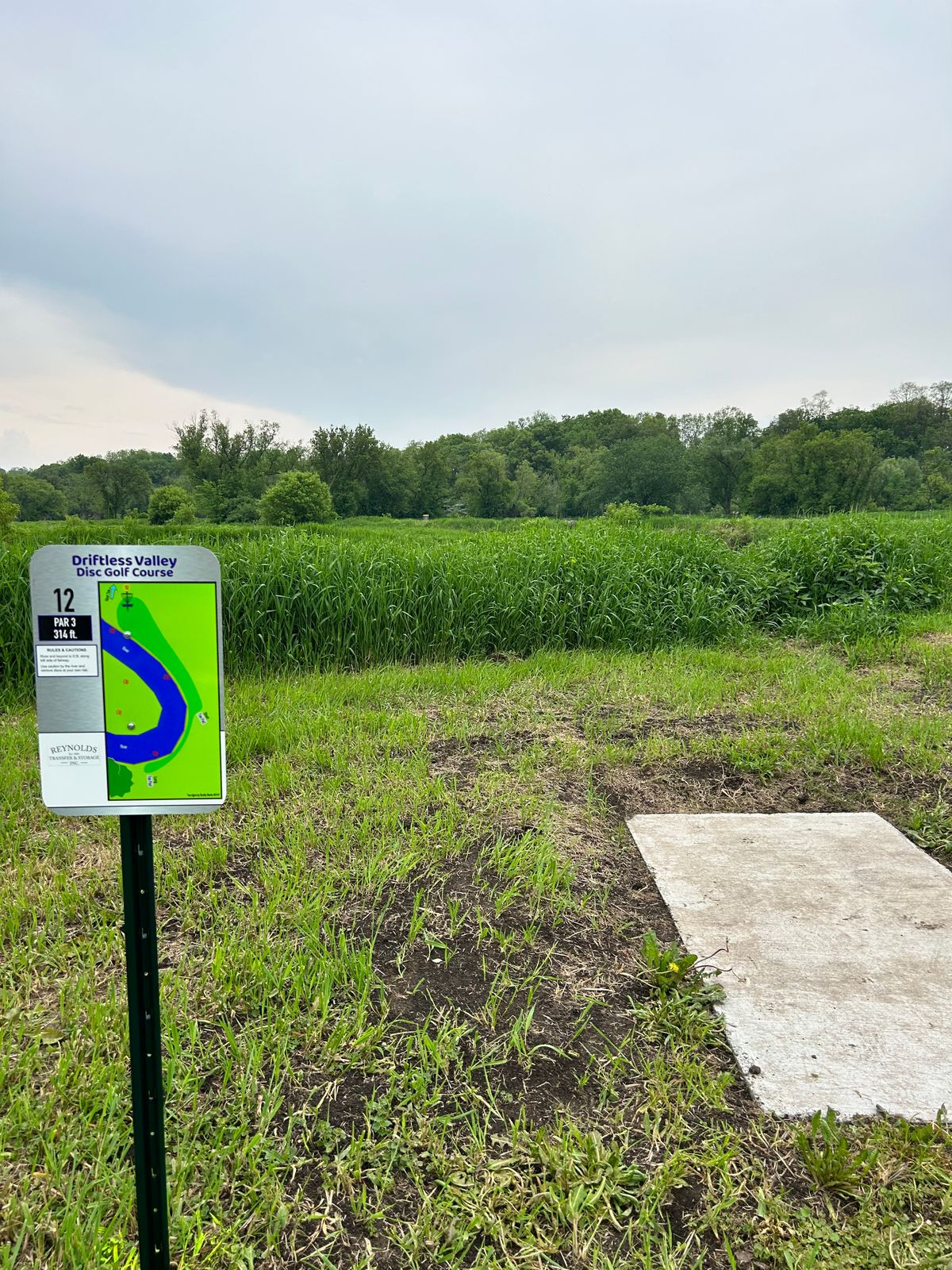 Hole 12 - shoot over the river or play from the short tee with a straight open shot to the basket.