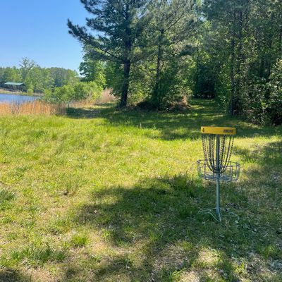 Hole 4 basket, looking toward hole 5 tee box on the left.