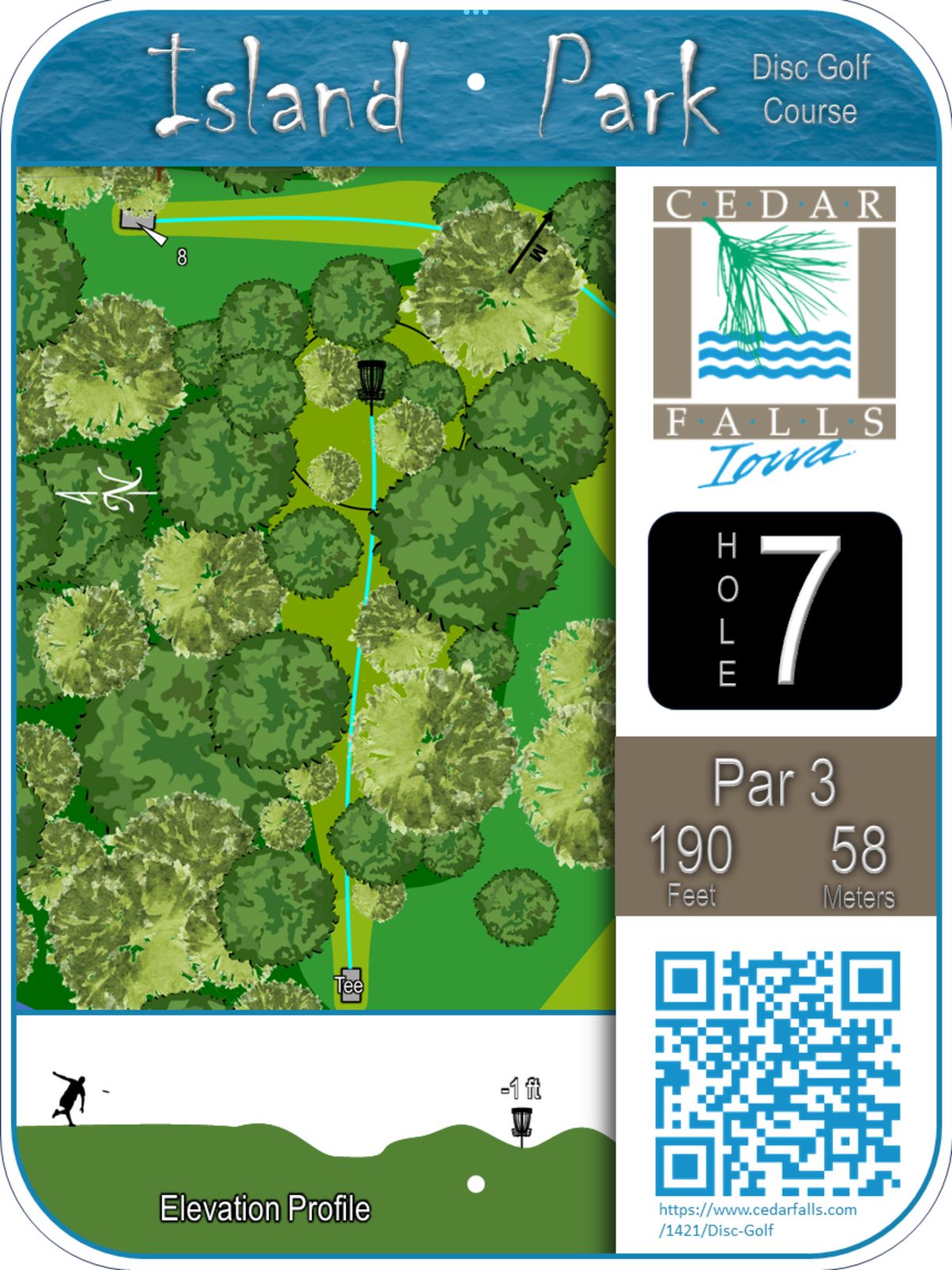 Hole 7 Tee Sign - Heavily wooded hole with basket located within a low-lying bowl in the ground.