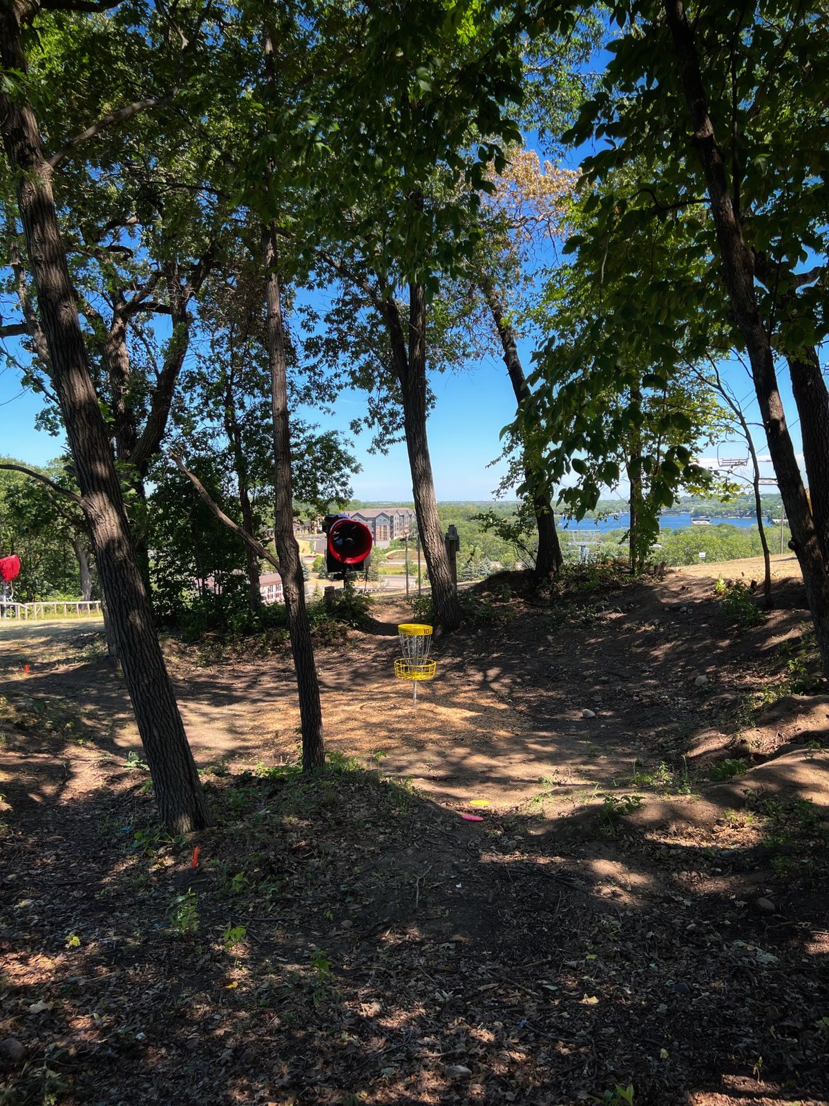 Hole 10 - From the tee you’ll throw downhill to a cluster of trees, there you’ll find the basket.