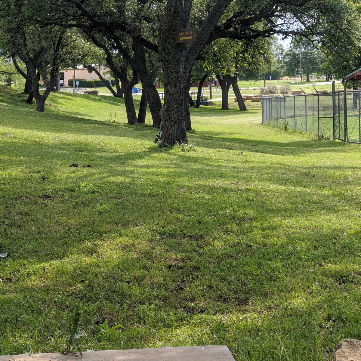 Hole 5 from tee to basket. Be mindful of the mando! The dry creek beyond the basket plays as OB in minis and tournaments.