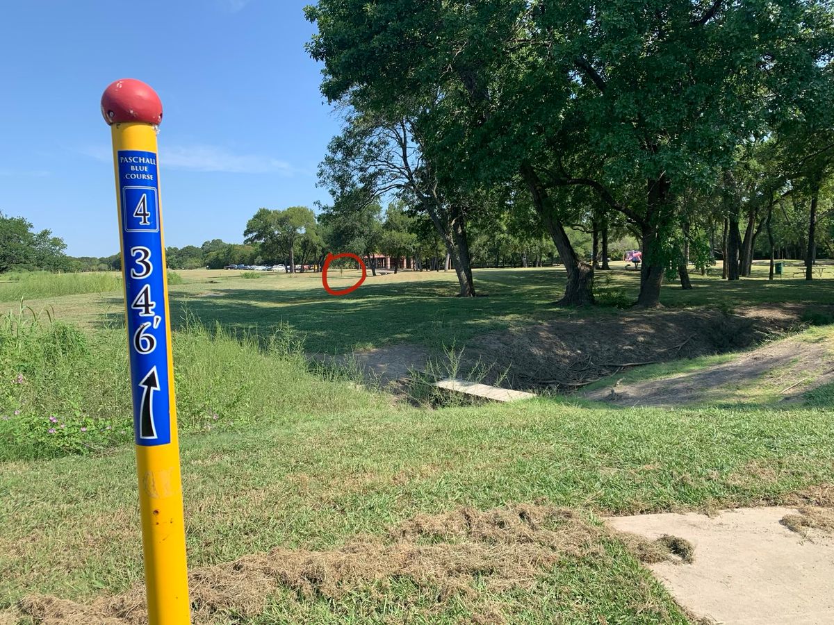 Hole 4. Blue tee. 346 feet. Straight ahead. Low overhanging branches ahead. Creek to the left.