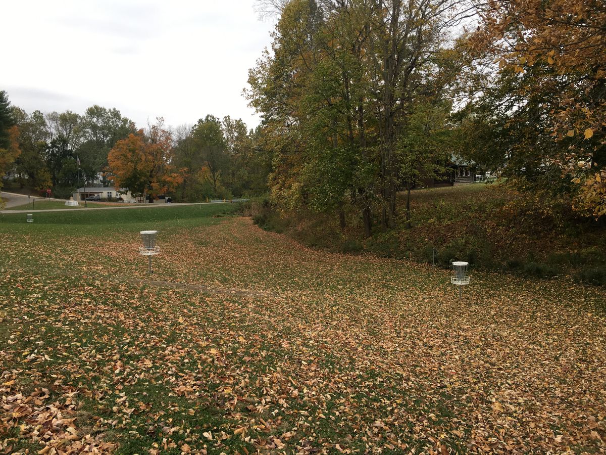 Basket R is #2 Mid is # 4 Far left is # 5. Metal poles mark grass tee areas.