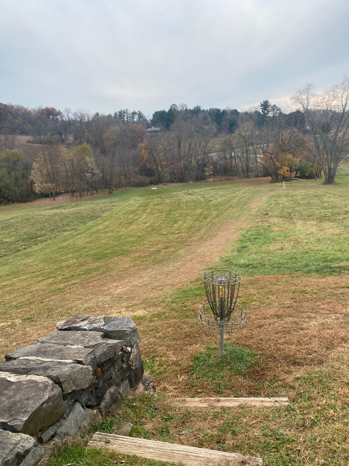 Hole 13 basket towards the tee pad.