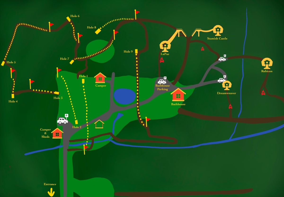 Property map. Disc golfers can park by the bathhouse or next to the sheds.