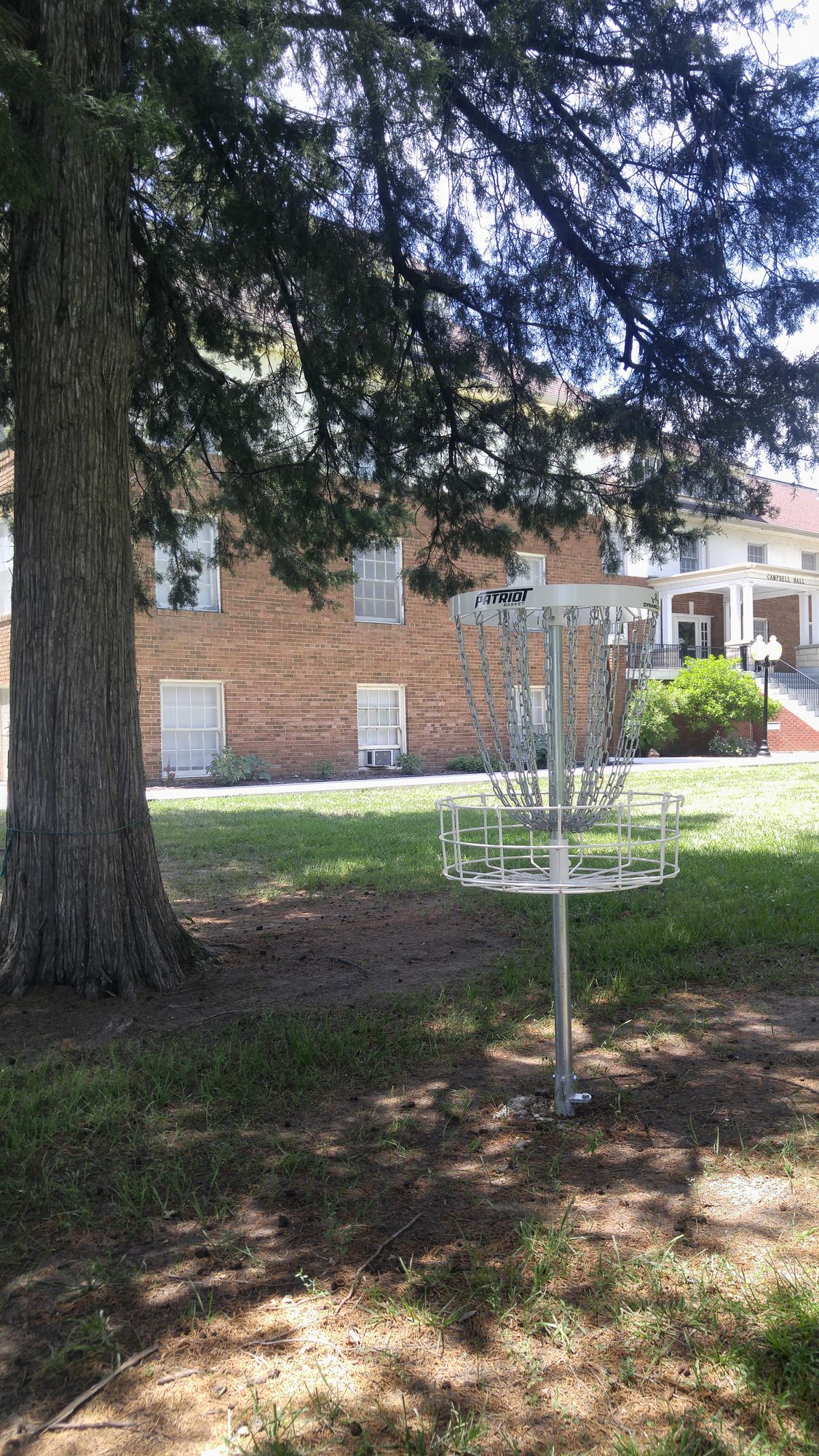 Hole 3 Pin in front of 90yo Campbell Hall. Next to the infamous Ultimate Frisbee field of the Sterling College Fighting Haggis!!