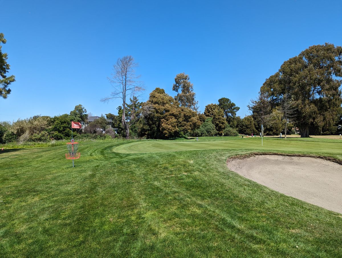 Greens are ob, sand traps are hazard. Many baskets are placed near one or both.